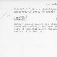 Index card with typed and handwritten information, sometimes including a sketch, of pottery from an excavation.