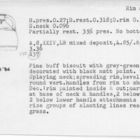 Index card with typed and handwritten information, sometimes including a sketch, of pottery from an excavation.