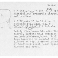 Index card with typed and handwritten information, sometimes including a sketch, of pottery from an excavation.