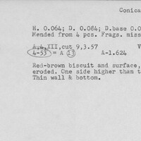 Index card with typed and handwritten information, sometimes including a sketch, of pottery from an excavation.