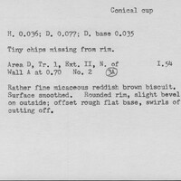 Index card with typed and handwritten information, sometimes including a sketch, of pottery from an excavation.