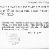 Index card with typed and handwritten information, sometimes including a sketch, of pottery from an excavation.
