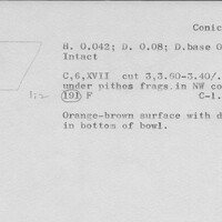 Index card with typed and handwritten information, sometimes including a sketch, of pottery from an excavation.