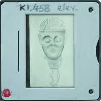 Elevation drawing of front of K1.458 figurine face and braids.