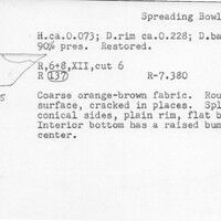 Index card with typed and handwritten information, sometimes including a sketch, of pottery from an excavation.
