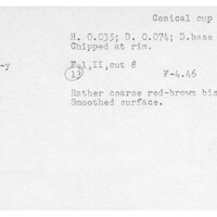 Index card with typed and handwritten information, sometimes including a sketch, of pottery from an excavation.