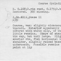 Index card with typed and handwritten information, sometimes including a sketch, of pottery from an excavation.