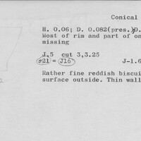 Index card with typed and handwritten information, sometimes including a sketch, of pottery from an excavation.