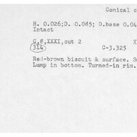 Index card with typed and handwritten information, sometimes including a sketch, of pottery from an excavation.