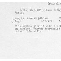 Index card with typed and handwritten information, sometimes including a sketch, of pottery from an excavation.