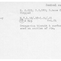 Index card with typed and handwritten information, sometimes including a sketch, of pottery from an excavation.