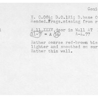 Index card with typed and handwritten information, sometimes including a sketch, of pottery from an excavation.
