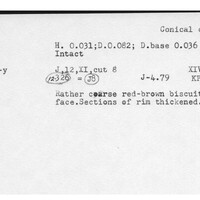 Index card with typed and handwritten information, sometimes including a sketch, of pottery from an excavation.