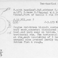 Index card with typed and handwritten information, sometimes including a sketch, of pottery from an excavation.