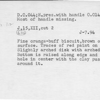 Index card with typed and handwritten information, sometimes including a sketch, of pottery from an excavation.