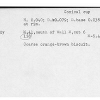 Index card with typed and handwritten information, sometimes including a sketch, of pottery from an excavation.