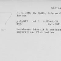 Index card with typed and handwritten information, sometimes including a sketch, of pottery from an excavation.