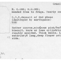 Index card with typed and handwritten information, sometimes including a sketch, of pottery from an excavation.