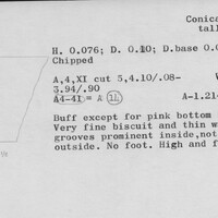 Index card with typed and handwritten information, sometimes including a sketch, of pottery from an excavation.
