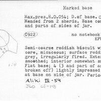 Index card with typed and handwritten information, sometimes including a sketch, of pottery from an excavation.