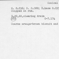 Index card with typed and handwritten information, sometimes including a sketch, of pottery from an excavation.