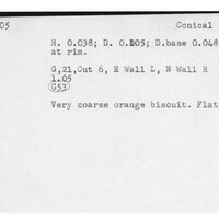 Index card with typed and handwritten information, sometimes including a sketch, of pottery from an excavation.