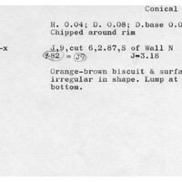 Index card with typed and handwritten information, sometimes including a sketch, of pottery from an excavation.