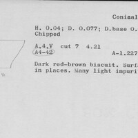 Index card with typed and handwritten information, sometimes including a sketch, of pottery from an excavation.