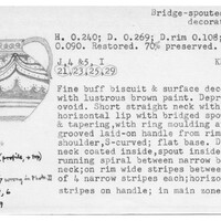 Index card with typed and handwritten information, sometimes including a sketch, of pottery from an excavation.