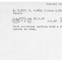 Index card with typed and handwritten information, sometimes including a sketch, of pottery from an excavation.