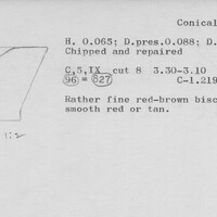 Index card with typed and handwritten information, sometimes including a sketch, of pottery from an excavation.