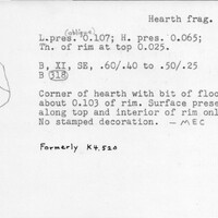 Index card with typed and handwritten information, sometimes including a sketch, of pottery from an excavation.