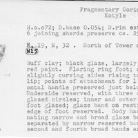 Index card with typed and handwritten information, sometimes including a sketch, of pottery from an excavation.