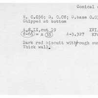 Index card with typed and handwritten information, sometimes including a sketch, of pottery from an excavation.