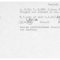 Index card with typed and handwritten information, sometimes including a sketch, of pottery from an excavation.