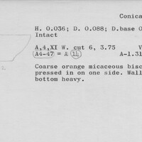 Index card with typed and handwritten information, sometimes including a sketch, of pottery from an excavation.