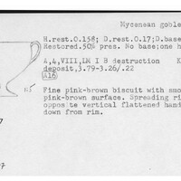 Index card with typed and handwritten information, sometimes including a sketch, of pottery from an excavation.