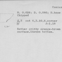 Index card with typed and handwritten information, sometimes including a sketch, of pottery from an excavation.