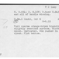 Index card with typed and handwritten information, sometimes including a sketch, of pottery from an excavation.