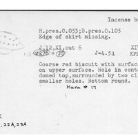 Index card with typed and handwritten information, sometimes including a sketch, of pottery from an excavation.