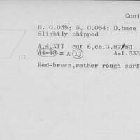 Index card with typed and handwritten information, sometimes including a sketch, of pottery from an excavation.