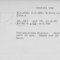 Index card with typed and handwritten information, sometimes including a sketch, of pottery from an excavation.