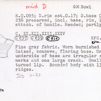 Index card with typed and handwritten information, sometimes including a sketch, of pottery from an excavation.