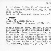 Index card with typed and handwritten information, sometimes including a sketch, of pottery from an excavation.