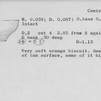 Index card with typed and handwritten information, sometimes including a sketch, of pottery from an excavation.