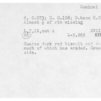 Index card with typed and handwritten information, sometimes including a sketch, of pottery from an excavation.