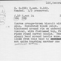 Index card with typed and handwritten information, sometimes including a sketch, of pottery from an excavation.