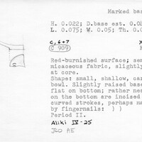 Index card with typed and handwritten information, sometimes including a sketch, of pottery from an excavation.