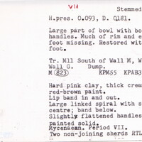 Index card with typed and handwritten information, sometimes including a sketch, of pottery from an excavation.