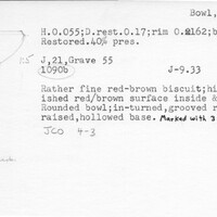 Index card with typed and handwritten information, sometimes including a sketch, of pottery from an excavation.
